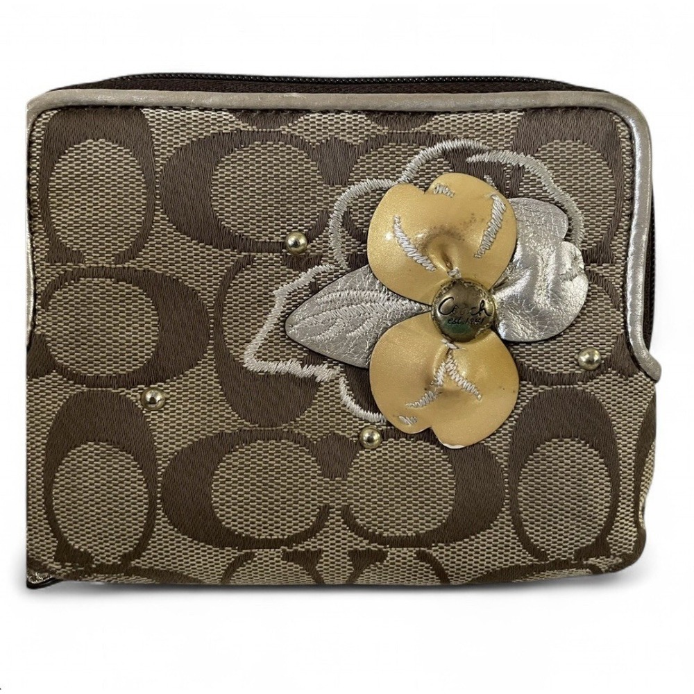 Coach Brown Signature Zip Wristlet Floral Canvas Wallet Clutch
